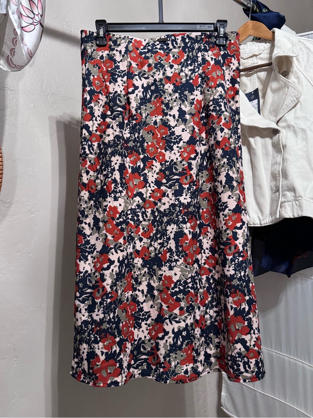 prAna Jemma Floral Satin Midi Skirt Red Navy Blue Size S